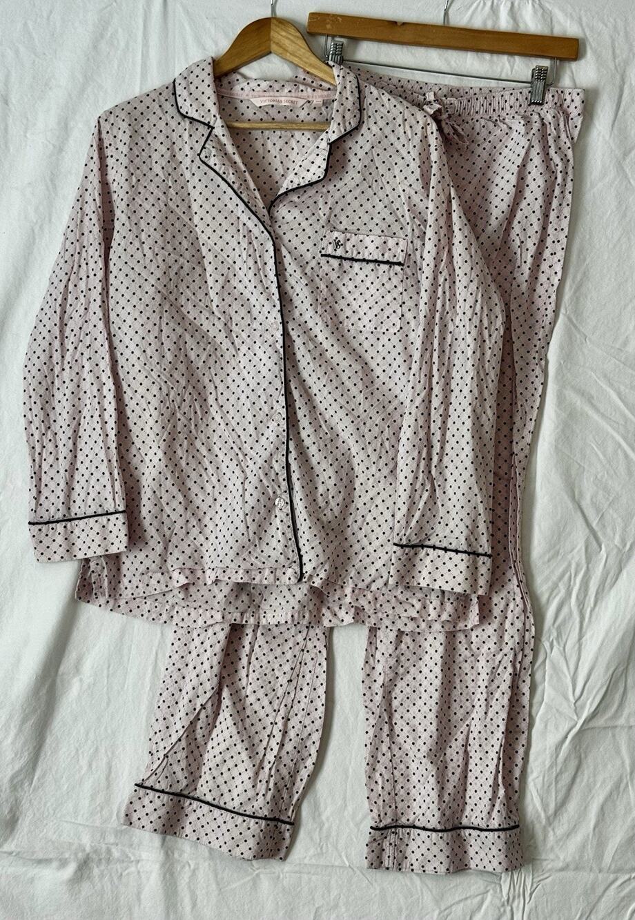 Victoria's Secret Polka Dot Pajama Set M Long 100% Cotton Button Down Pink Black